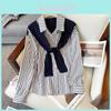 Chemise à manches longues pour femme avec rayures 3D et col polo pour un look décontracté de printemps