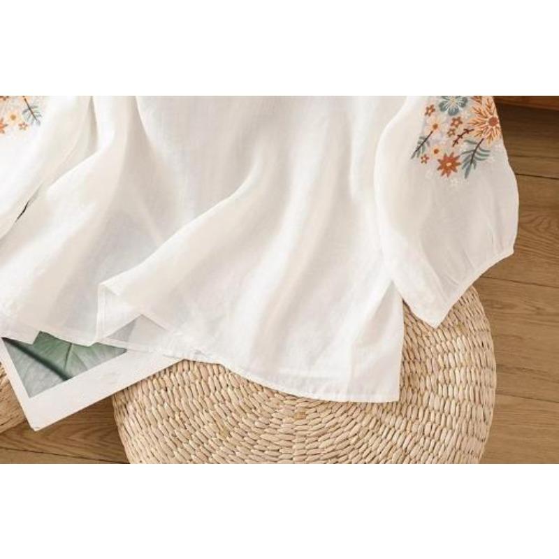 Ladies Shirt Spring Summer Round Neck Embroidered Women's Blouse Elegant Linen Lady Loose