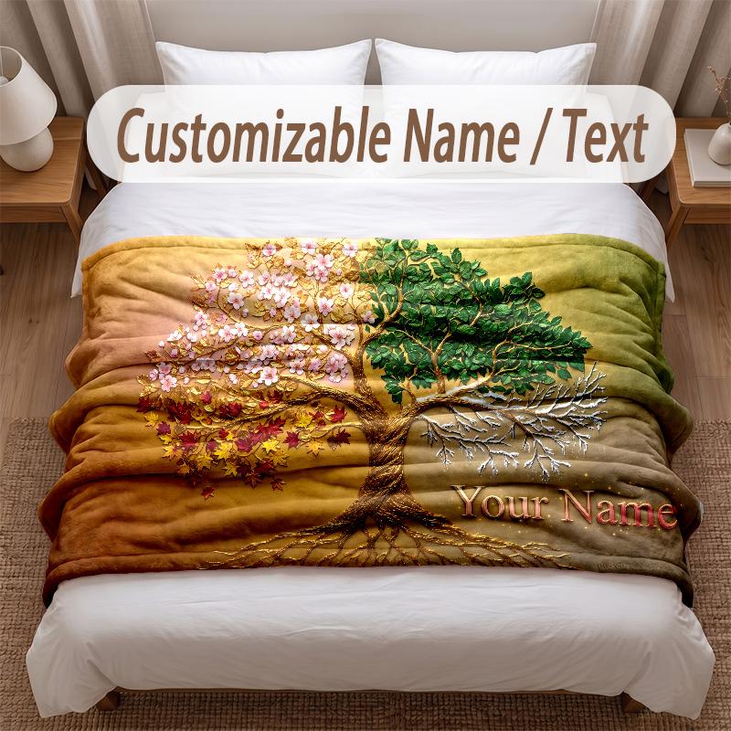 Tree of Life Theme Soft Blanket Personalized Custom Name Text Print Warm Blanket Home Sofa Bedroom Decor