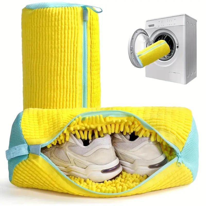 1pc Fluffy Fiber 360° Shoe Washing Bag - Reusable, Machine-Washable, Zipper Closure, Fade-Resistant for Sneakers & Footwear