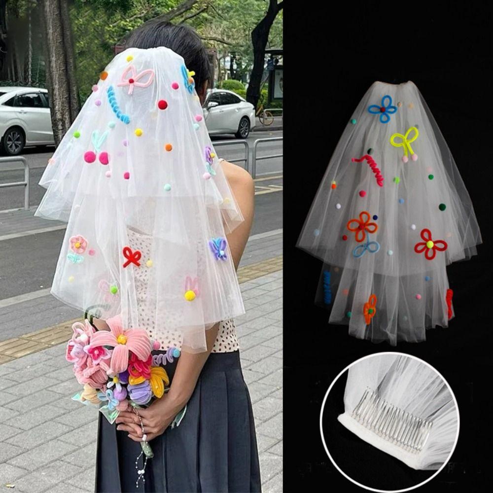 Photo Props Pompom Mesh Tulle Colorful White Veil Wedding Veils Bridal Veils Headdress Accessories