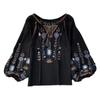Frühling Herbst Casual Frauen Bluse Mode V-ausschnitt Langarm Stickerei Shirts Vintage Minderheit Damen