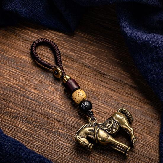 Keychain Pendant Brass Horse Charm Car Key Chain with Hand-Braided Cord Beadwork Immediate Success Bag Charm Car Ornament