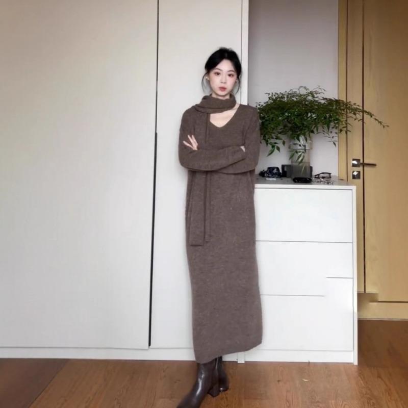 Simple and Versatile Knitted Dress for Women's Autumn and Winter New Loose and Lazy Style with Coat Backing Sweater Long Dress