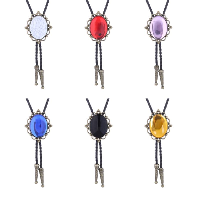 Handmade Vintage Jewelry Bolo Tie for Women Men Western Cowboy Artificial Leather Rope Necktie with Oval Stone Pendant
