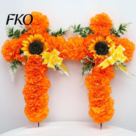 Floral Cross Decoration 2Pcs Dia De Los Muertos Artificial Flower, Marigold Wall Decor for Day Tabletop Flowers of The Dead Halloween Easter