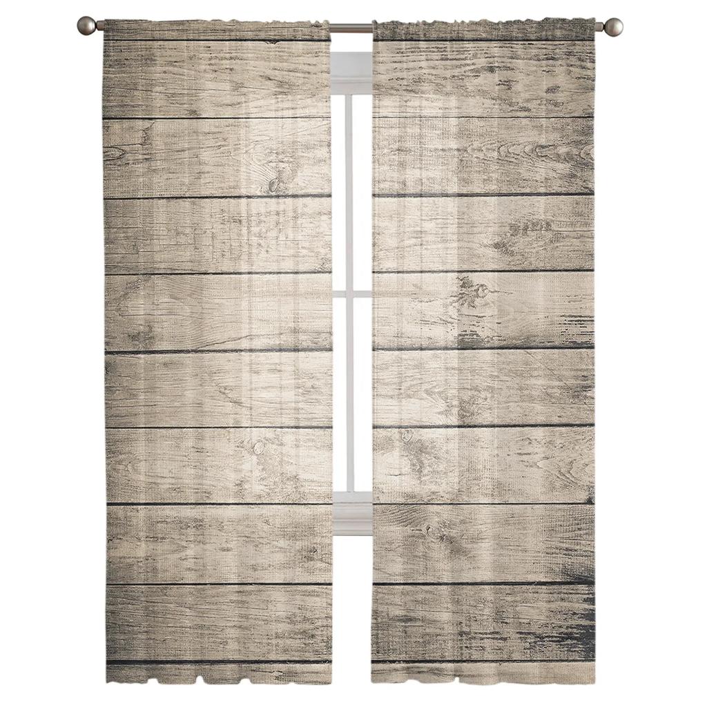 Tüllvorhänge mit Holzplankenstruktur für Wohnzimmer, bedruckt, durchsichtiger Voile-Vorhang, Schlafzimmer, Fenster, Sichtschutz, Jalousien, Heimdekoration