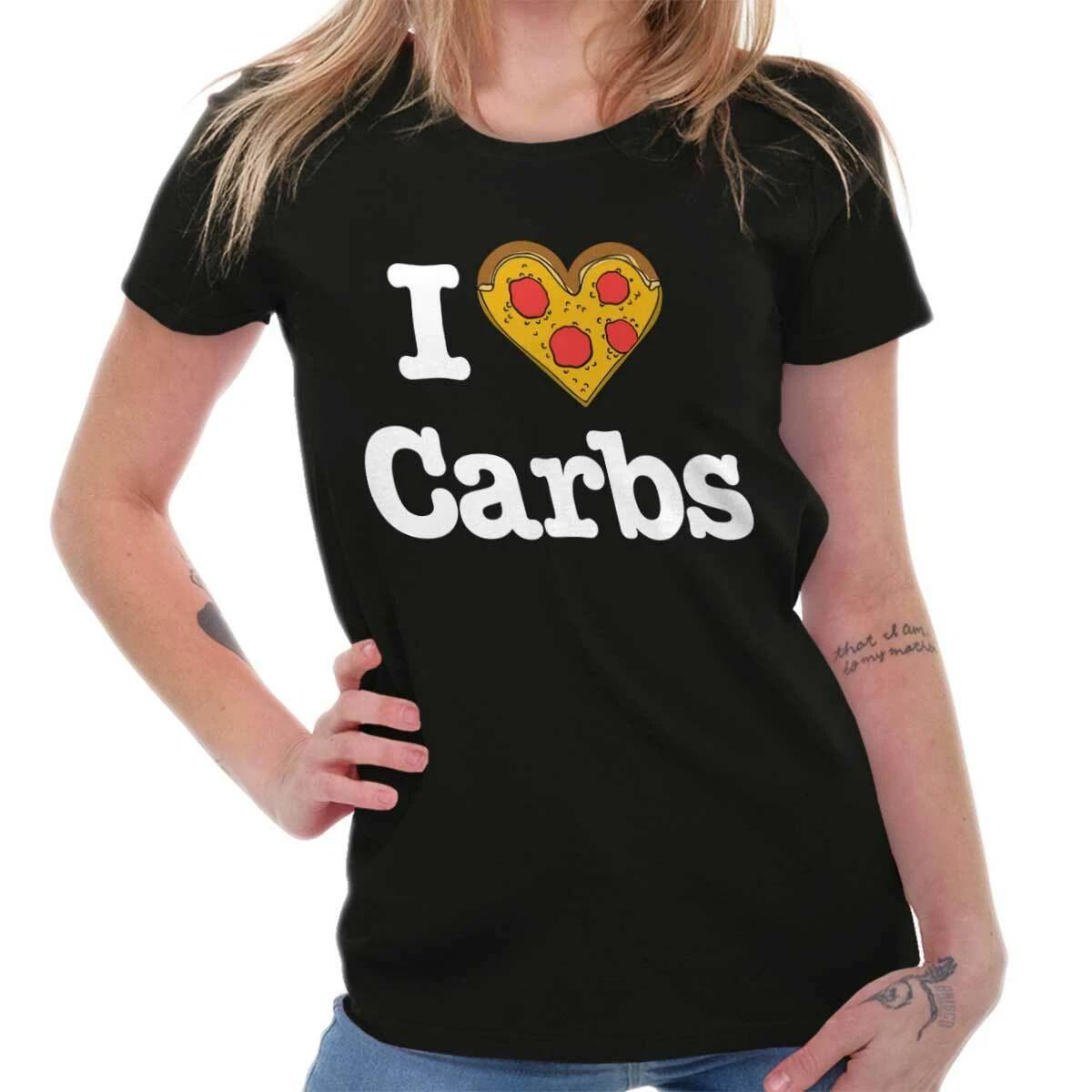 Funny Food humor I Love Carbs Pizza Heart Womens Top Junior Graphic Tee XS