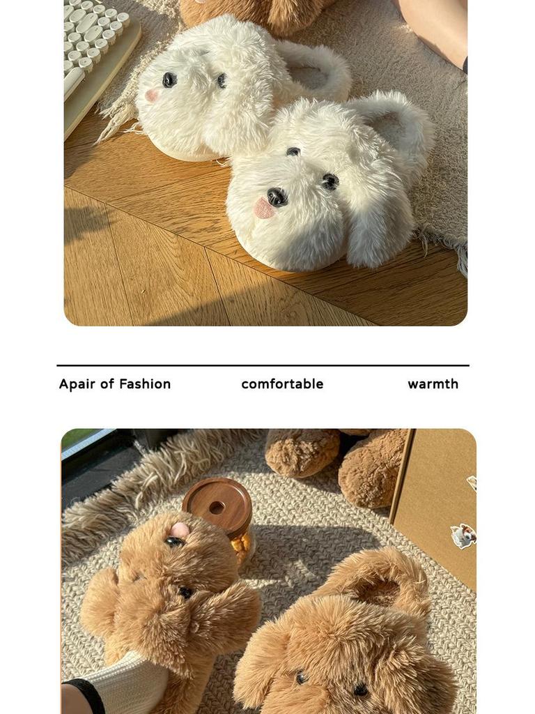 2025 Cute Tongue-Out Puppy Faux Fur Bag & Slippers - Thick-Soled, Warm, Non-Slip Cotton Shoes for Men & Women (Autumn/Winter)
