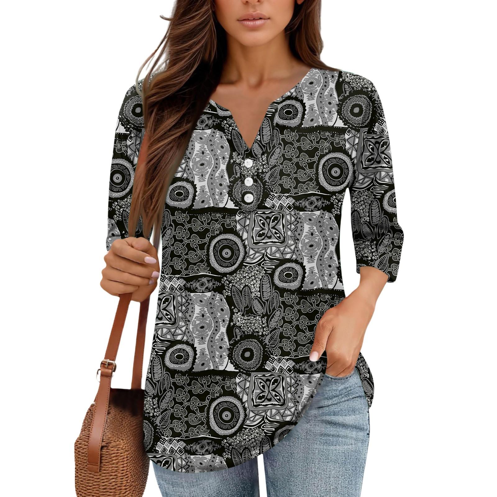 

Женские топы с рукавом 3/4, с принтом, винтажные, модные, повседневные, свободные, с V-образным вырезом, больших размеров, рубашки, топы S