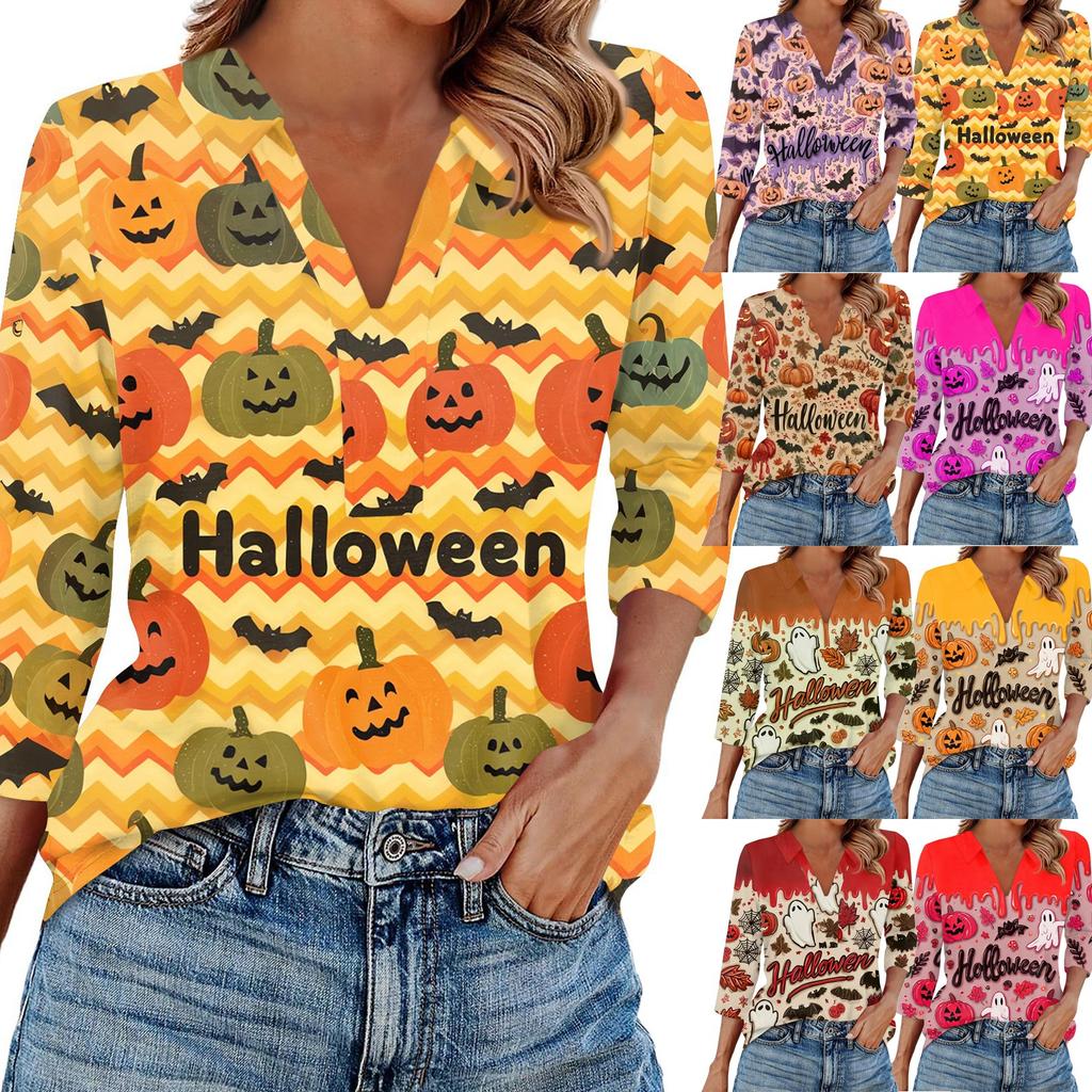 Women's Fashion Casual Lapel 3/4 Sleeve Halloween Print Shirt Women's V-Neck Tops
