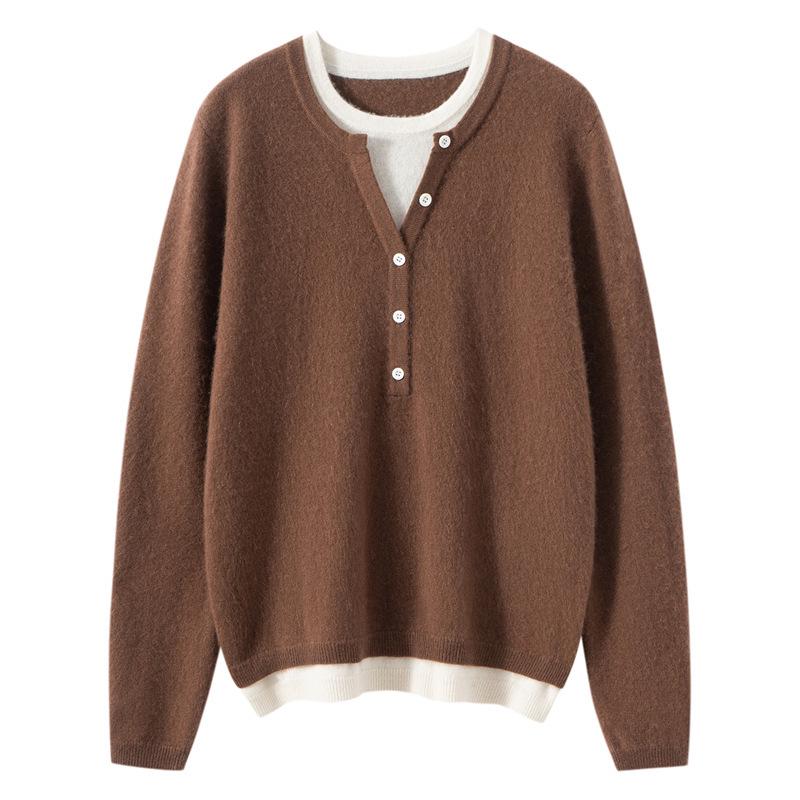 Stylish Women's Faux Two-Piece Cashmere Knit Sweater - Loose, Slimming, Versatile Pullover