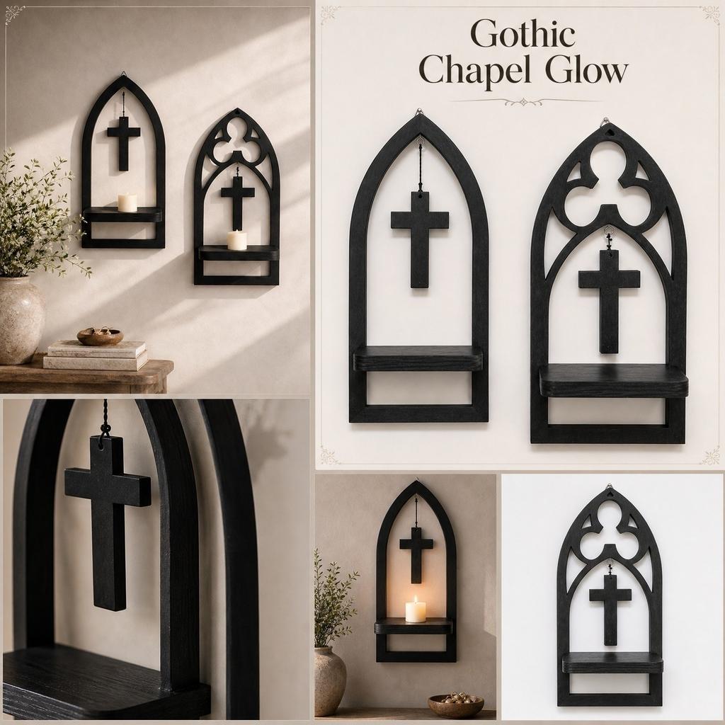 Gothic Style Wooden Wall Mounted Shelf with Cross and Arch Design for Home Decor Aromatherapy Candle Holder Church Inspired