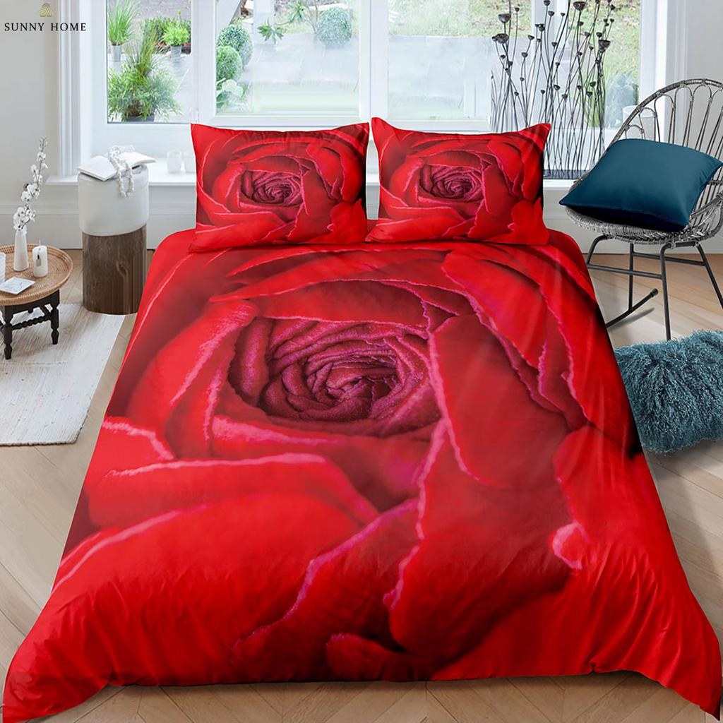 Valentine's Day Gift Romantic Retro Red Rose 3d Printed Quilt Cover Bedding Set Quilt Cover Pillowcase Three-Piece Set