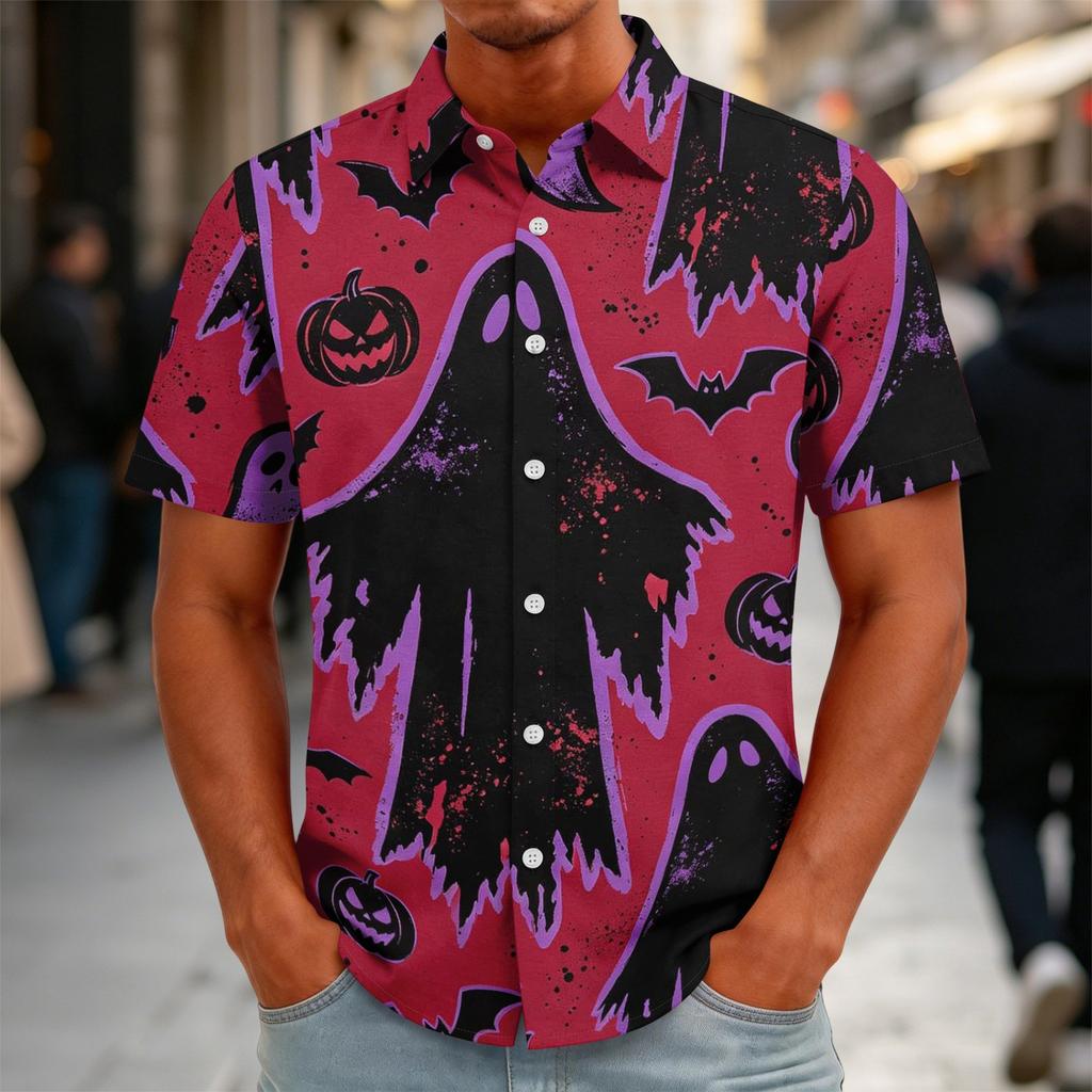 Men's Halloween Print Vintage Button Down Cardigan Shirt - Loose Fit Breathable Summer Casual Streetwear Top