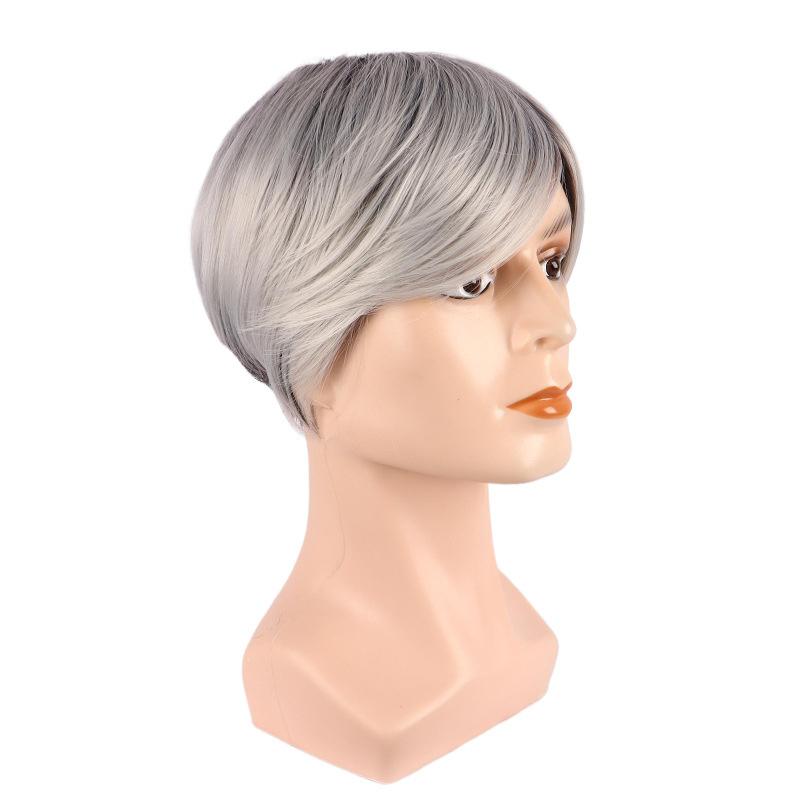 Synthetic Ombre Grey Men Haircut Short Straight Male Wigs with Side Parting Bangs Cosplay Smooth Natural Heat Resistant