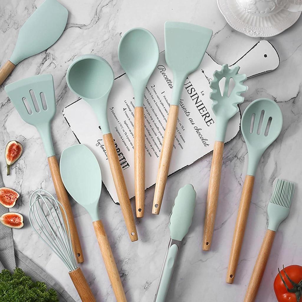 Cooking Utensils Kitchen Utensil Set, 12 PCS Wooden Handle Nontoxic BPA Free Silicone Spoon Spatula Turner Tongs Kitchen Gadgets Utensil Set