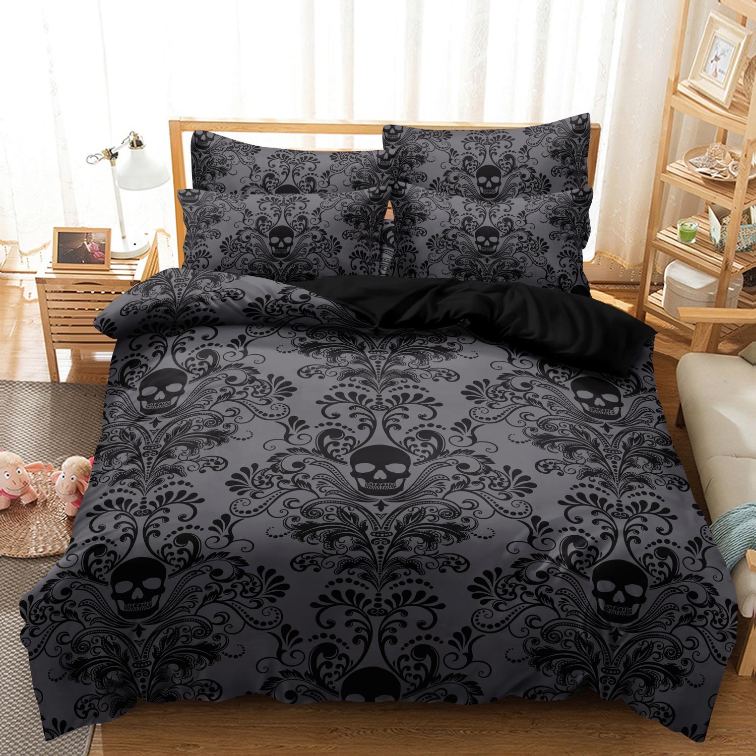 3 stuks Stijlvolle Gotische Schedel Bloemen HD Print Dekbedovertrek Set, Patroon Beddengoed, Voor Gezinskamers Slaapzalen Hotels US Twin-173x219cm&set