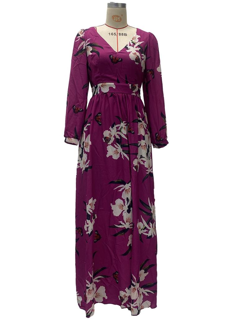 Retro V-Ausschnitt Langarm Feen Schaukelkleid - Europäischer & Amerikanischer Sommerdruck
