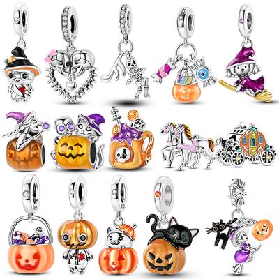 Original Copper Halloween Skeleton Witch Bat Pumpkin Charms Beads Skull Dangle Fit Women Original Bangle Bracelet