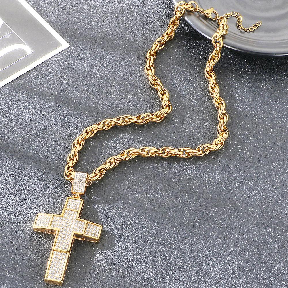 Hip Hop 316L Stainless Steel & Full CZ Cross Pendant Necklace Man Double Layer Hollow Cross Jewelry Gifts Trend Necklaces