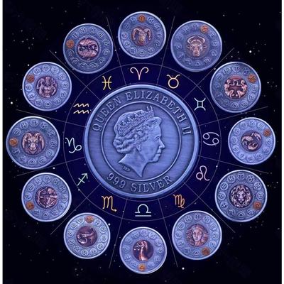 Tolv zodiakens tvåfärgade minnesmynt, nickel antik silvermynt, sol- och mångud, önskan, ängel, födelsedagspresent, julklapp