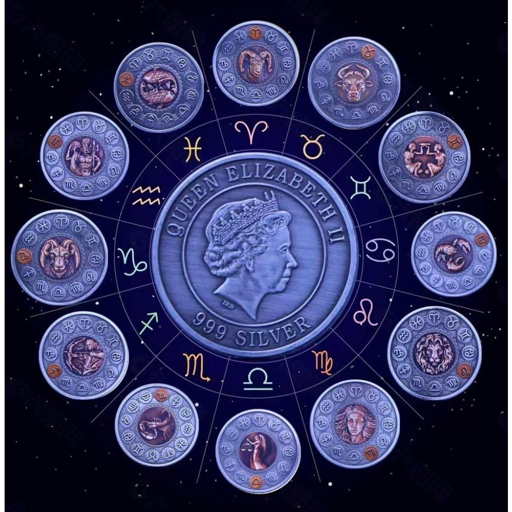 Twelve zodiac dual color commemorative coin, nickel ancient silver coin, sun and moon god, wish, angel, birthday gift, Christmas gift