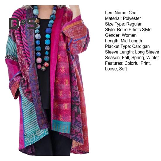 Women Coat with Pockets Colorful Printing Cardigan Long Sleeves Retro Ethnic Style Mid Length Loose Spring Autumn Jacket