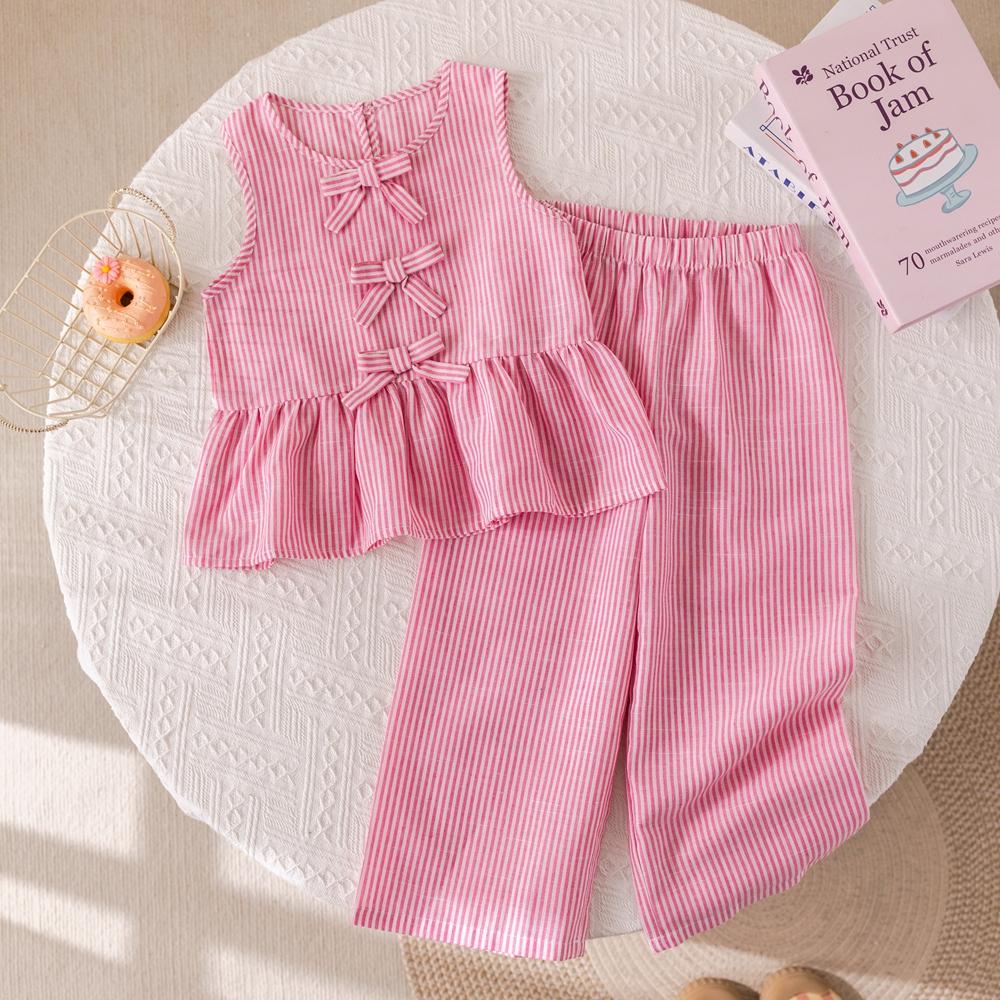 Humor Bear Summer Girls Suits Pink vertical stripe Bow Sleeveless Vest Top+Pants Two-piece Set Sweet Kids Clothing Sets 3T
