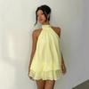 Womens Vacation Sexy Backless Halter Tie Waist Slim Fit A-Line Mini Dress Solid Color Streetwear