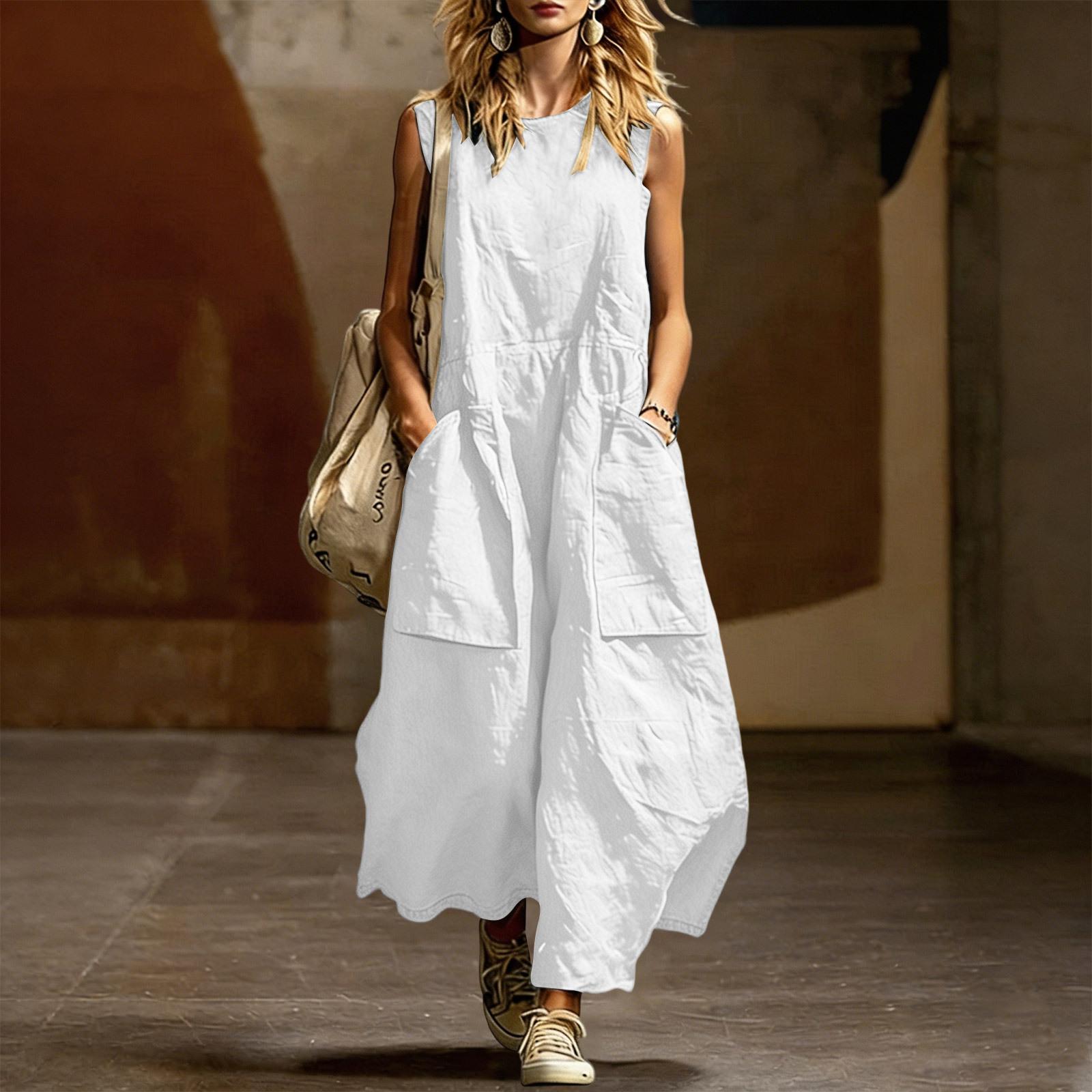 

Women s Fashionable Round Neck Loose Sleeveless Cotton Linen Casual Pocket Dress XL білий
