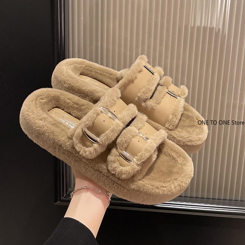 Med Chaussures Femmes Pantoufles Extérieur Sandales Pantofle Flock Plateforme Fourrure Tongs 2024 Plates Peluche Automne Tissu Rome Chaussures Maison