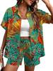 Plant-printed short-sleeved shirt, elastic waist shorts, two-piece set, vacation style casual suit, women's