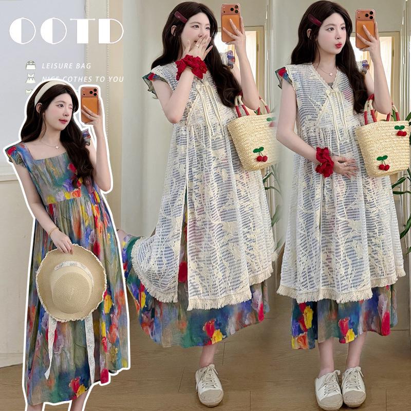 2026 Summer Maternity Two-Piece Set: Sweet Square Neck Tank Dress + Hollow Out Dress M