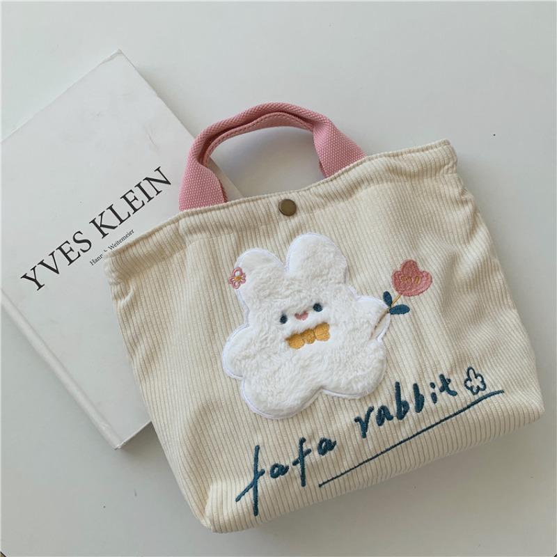 1 Cute cartoon rabbit embroidered canvas bag corduroy tote bag schoolgirl commuting bento bag