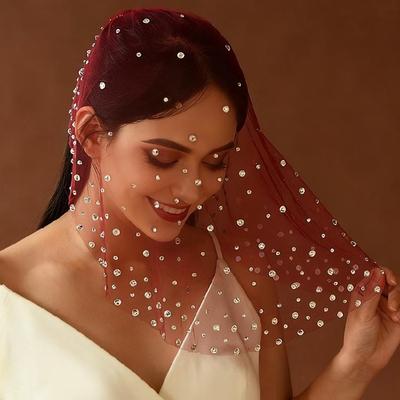 Elegant Bridal Veil Headpiece With Sparkling Rhinestones Tulle Head Veil Face Cover For Church Weddings Bride Photoshoots
