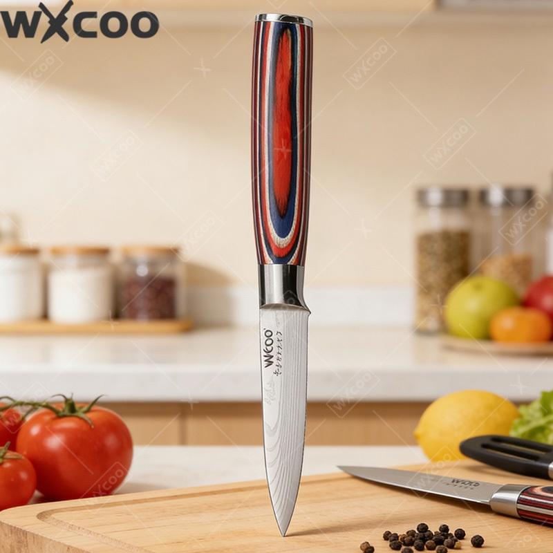 WXCOO 3.5inch Kitchen Knives Damascus Steel Fruit Paring Meat Cleaver Cutting Knife for Fruit Vegetable Utility Knife