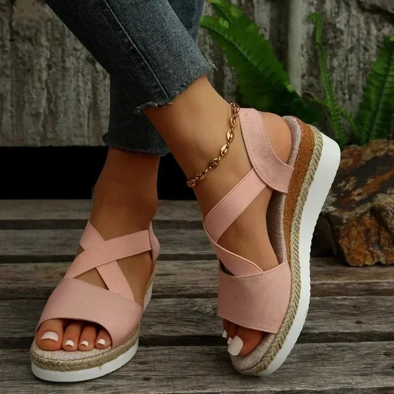 2024 Women's Shoes Elastic Strap Women's Sandals Fashion Outdoor Casual Beach Sandals Women's New Open Toe Wedge Sandals