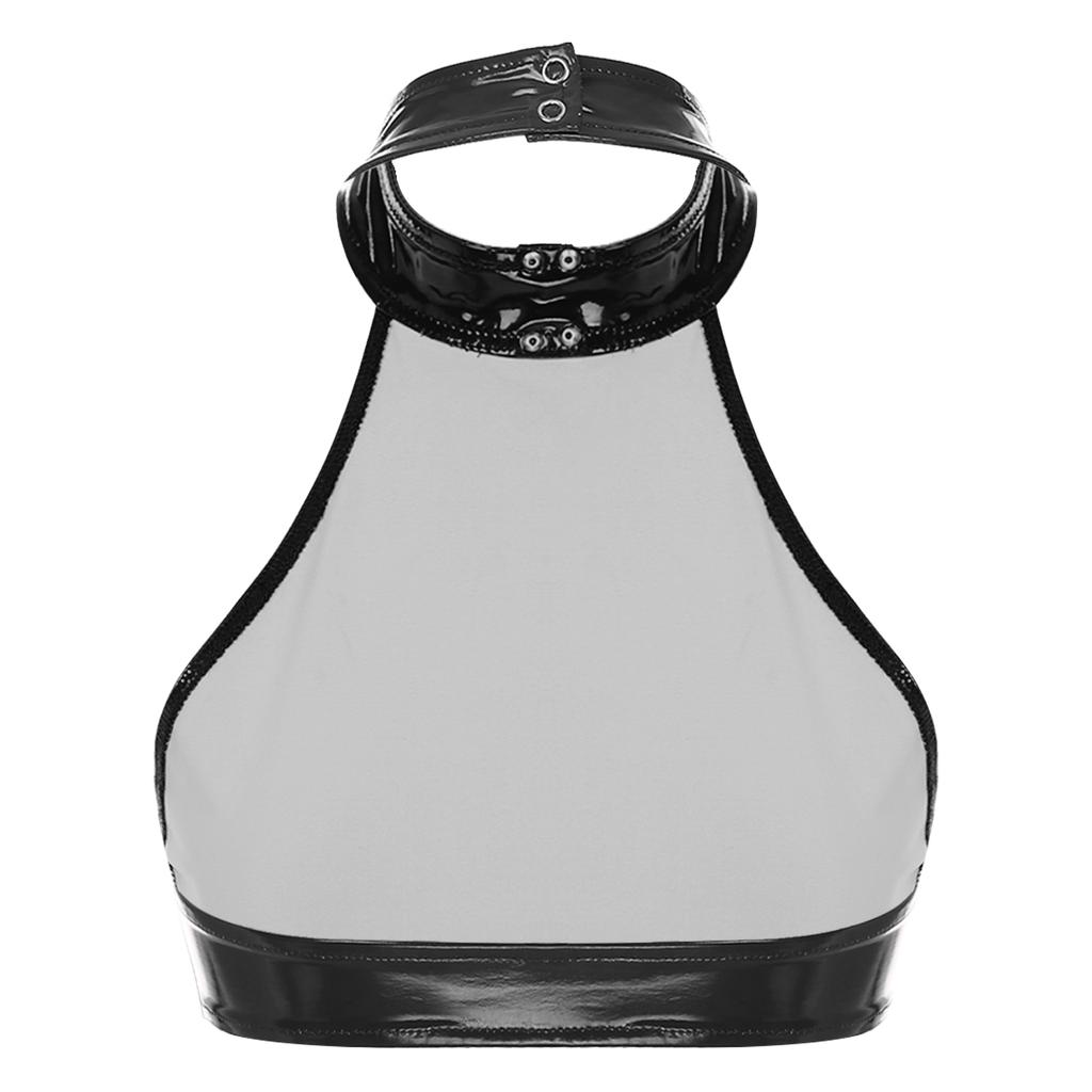 Womens Patent Leather Crop Top O-Ring Halter Vest Backless Sleeveless Design Party Club Top