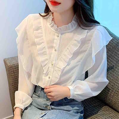 Mode Neu 2024 Herbst Langarm Stehkragen Lässig Rüschen Chiffon Bluse Hemd Damen Oberteile Blusen Hemden J554