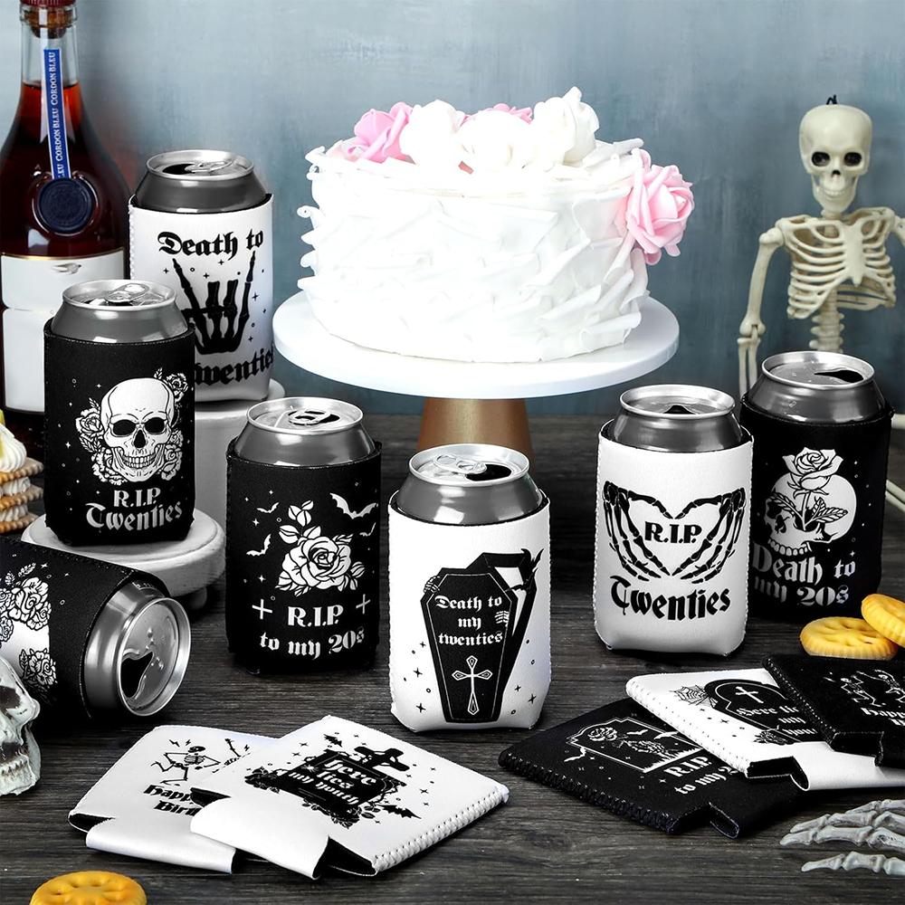 2Pcs Death To My 20s Can Coolers Spooky Scary Skull Halloween Party Gothic for Youth Bachelorette Decorations Bride To Be Gifts