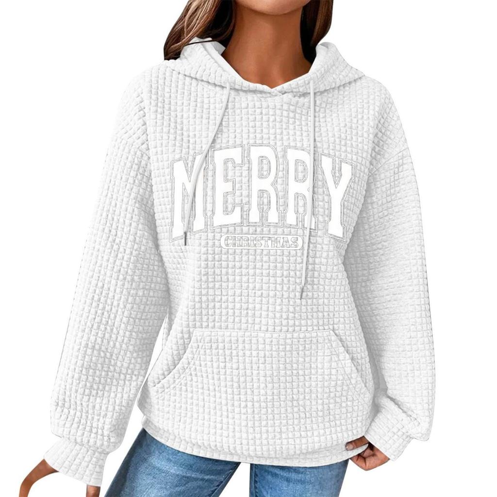 Women's Fashion Loose Hooded Pullover Long Sleeve Plaid Sweatshirt With Drawstring, Drop Shoulder, Pocket, Christmas Print Top
