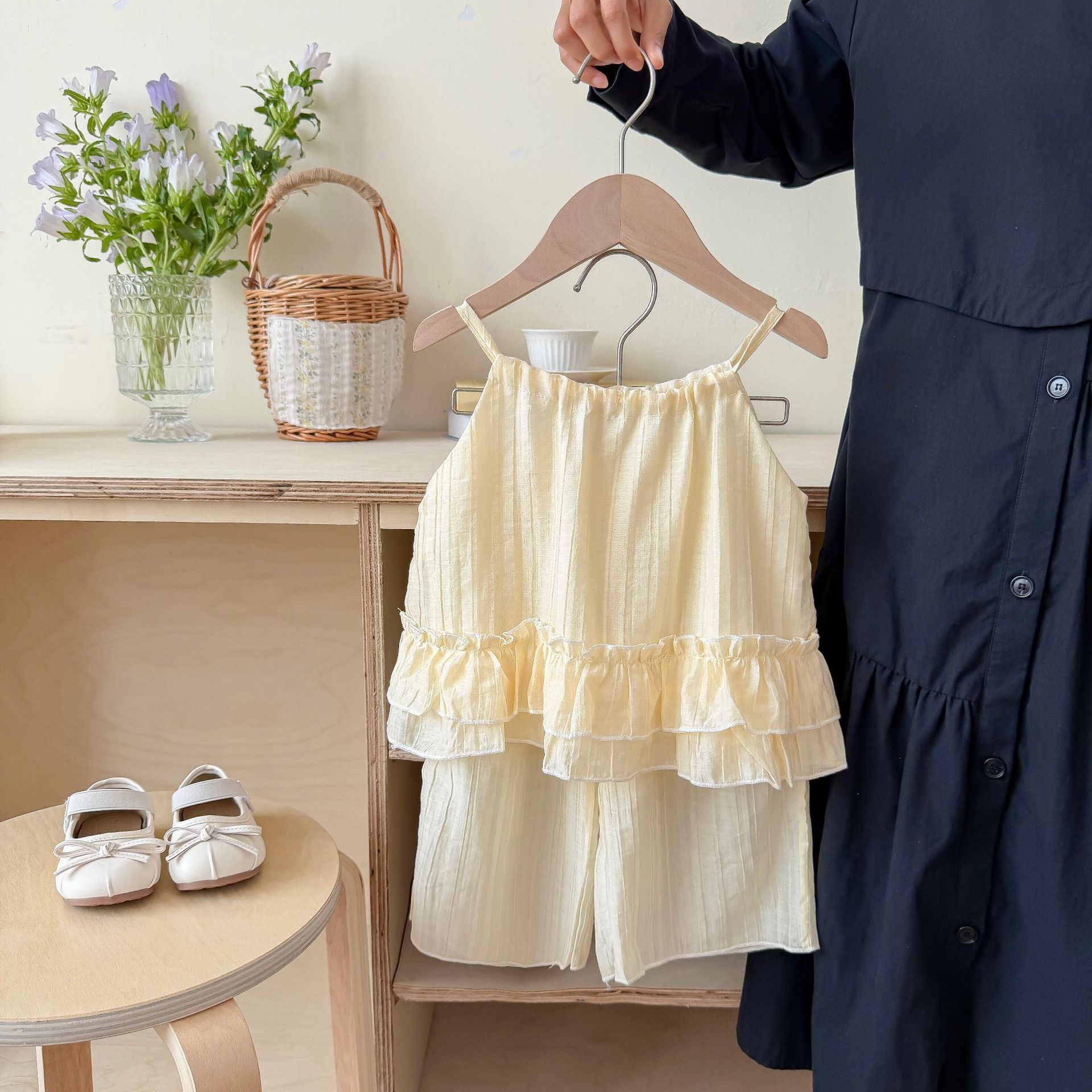 Summer Baby Girl Ruffle Camisole And Wide Leg Pants Set Simple Fashionable Two Piece Outfit For Toddler 80cm жёлтый