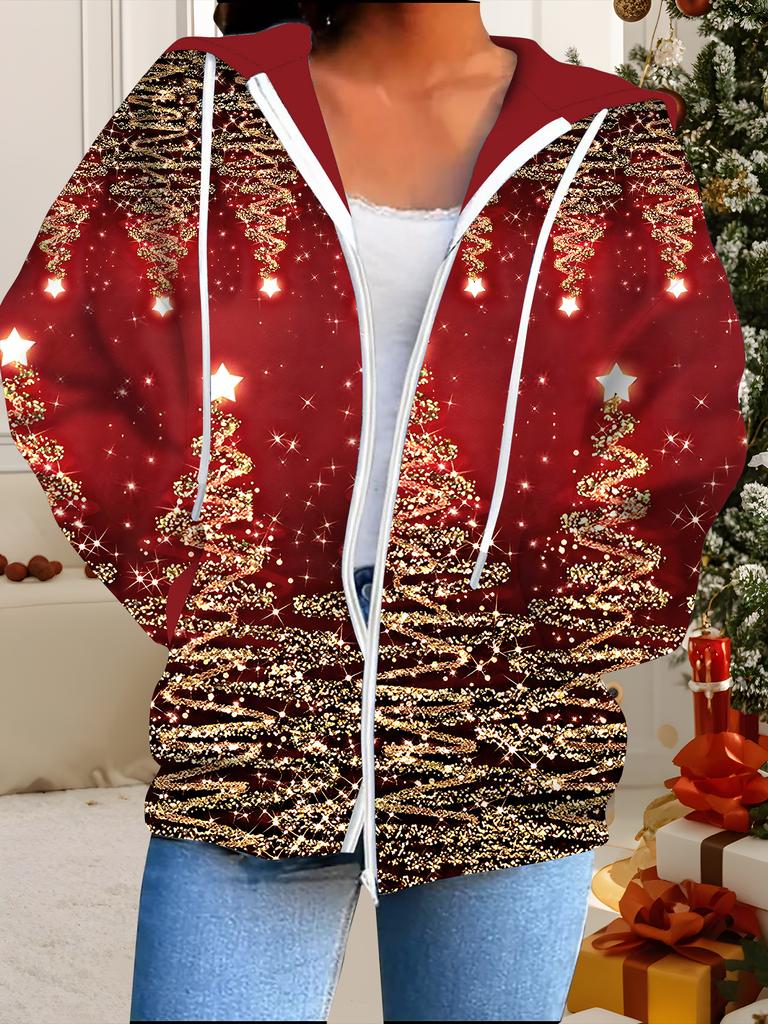 Christmas 3D Printed Hooded Cardigan Plus Size Autumn Winter Retro