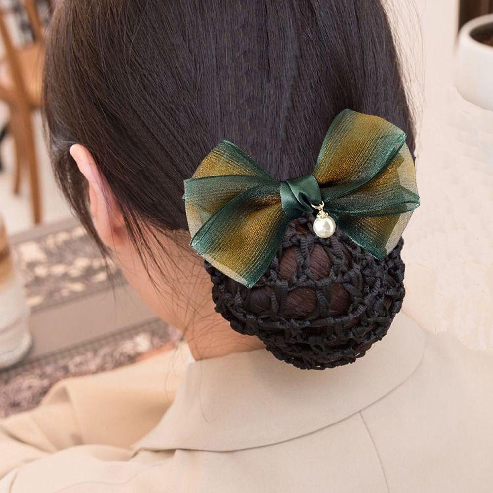 Hotel Attendant Hair Clip Bowknot Bun Snood Spring Clip Bowknot Hairgrips Net Cover  Dance
