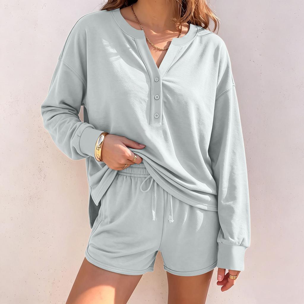 Women's Casual Long Sleeve Top and Shorts 2 Piece Set for Fall Winter