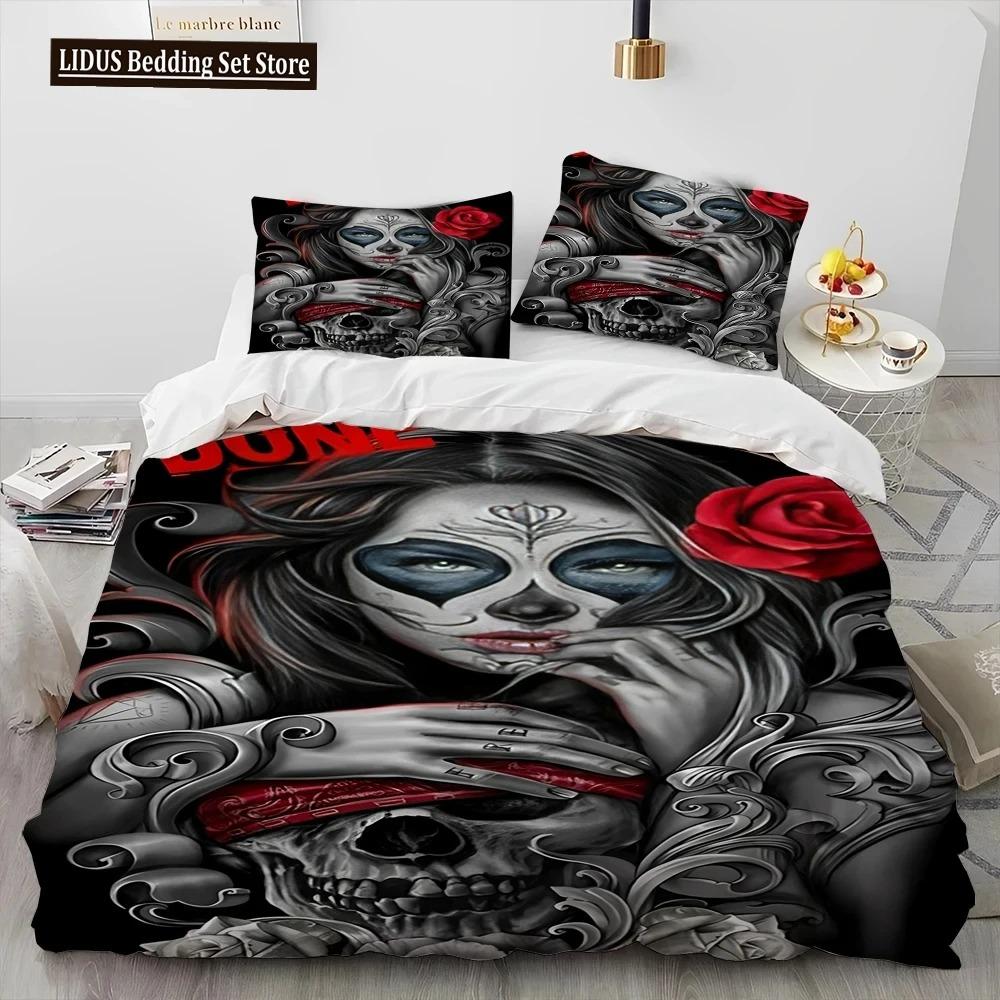 

3D Horror Gothic Female Skull Dead Girl Comforter Bedding Set,Duvet Cover Bed Set Quilt Cover Pillowcase,Queen Size Bedding Set EU Single 135x200cm