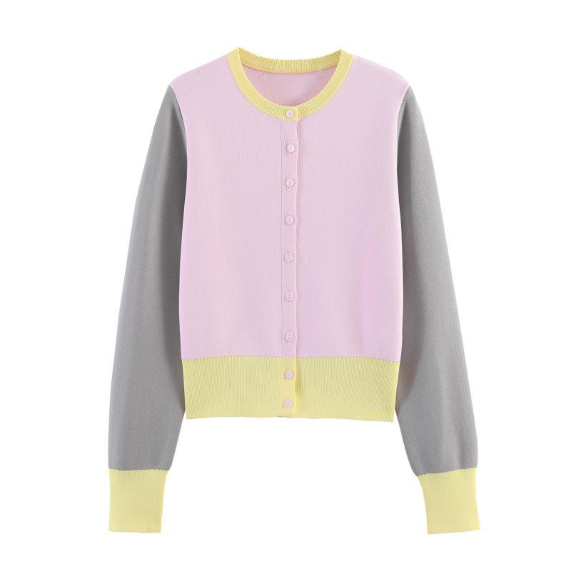 European and American style, new women's clothing, fashionable, versatile, cross-border casual simple color matching knitted jacket