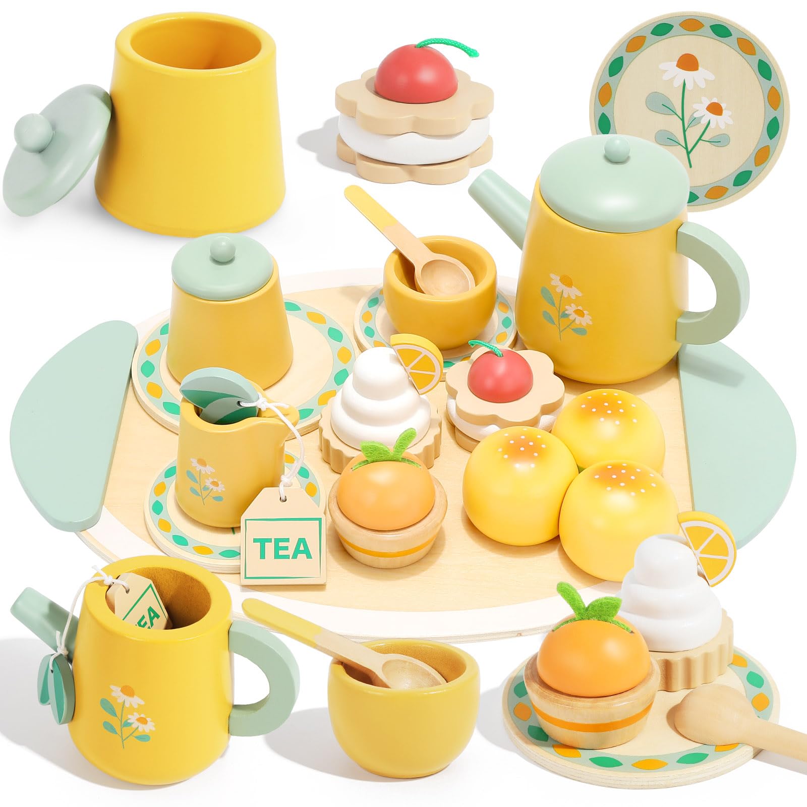 

Plintone Playhouse Wooden Tea Set for Little Role Play Kitchen Accessories Toy for Little Afternoon Tea Time Wooden Tea Party Set Girls, Girls, Toy,