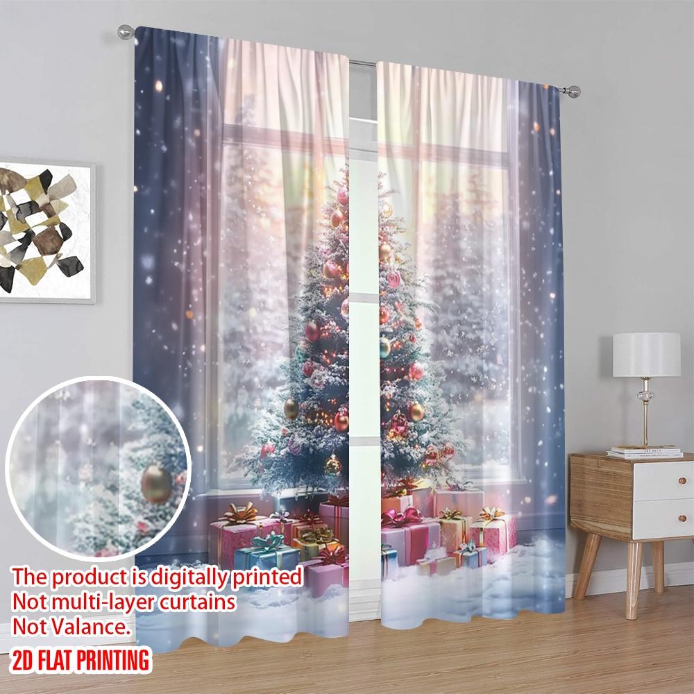 2pcs 2D flat printing Merry Christmas Window Drapes Christmas trees and gifts Polyester Without Electricity Birthday Party for